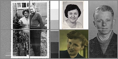 Collage, die die Präzision der Reproduktionsfotografie von Michael Schalansky darstellt: Mehrere historische Fotos, darunter ein Schwarz-Weiß-Paarbild mit sichtbaren Alterungsspuren und drei Porträtaufnahmen (zwei Schwarz-Weiß, eines leicht koloriert), die die Fähigkeit zur detailgetreuen Erfassung und Verbesserung alter Vorlagen zeigen.